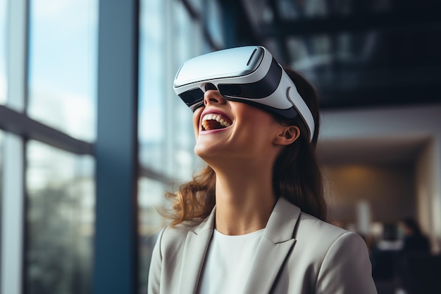 공식적인 슈트를 입은 비즈니스 여성은 VR 장치, 고글, 가상 현실, AI 경험, 계획 및 스트레지 프로세스, 사무실에서 작업 계획을 사용합니다.