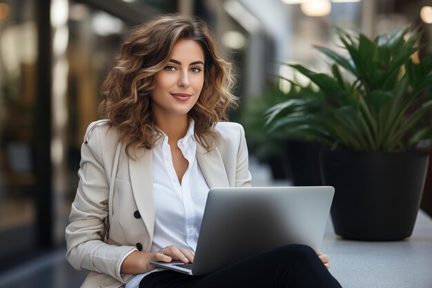 Business woman in front of large business building