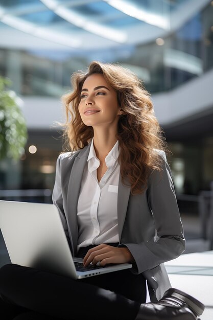 Business woman in front of large business building