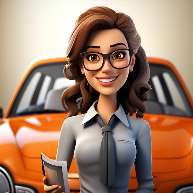 Photo business woman in front of orange car 3d illustration cartoon style