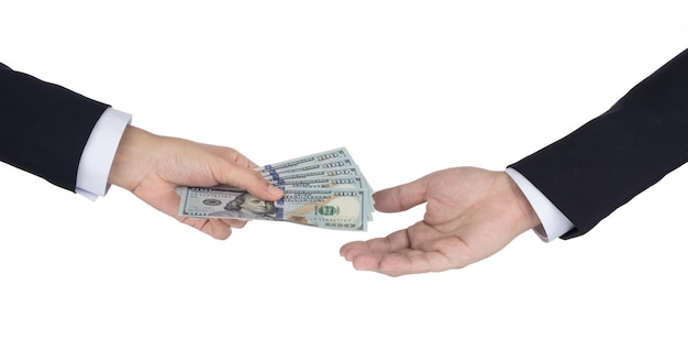 Business woman giving money to Businessman isolated on white background