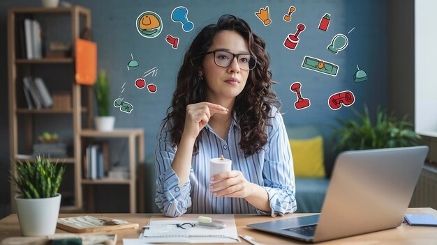 Business woman glues stickers and thinking over the project woman planing thinking over stickers