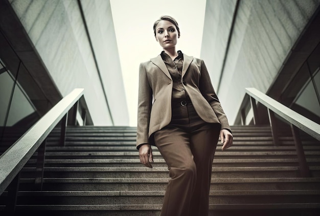 a business woman going down stairs in a outfit in the style of overexposure