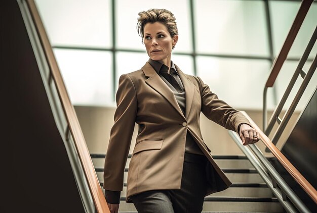 a business woman going down stairs in a outfit in the style of overexposure