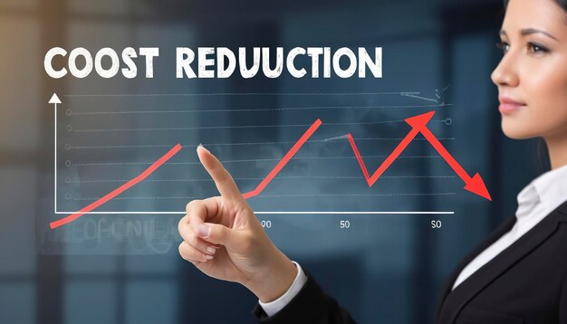 Business woman hand pointing graph cost reduction on virtual screen costs