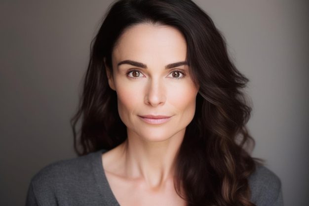 business woman headshot portrait of pretty female brunette in grey sweater and white background