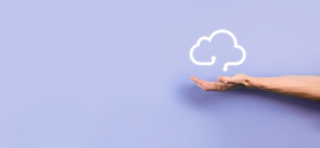 Business woman holding icon cloud computing network and icon connection data information in hand Cloud computing and technology concept