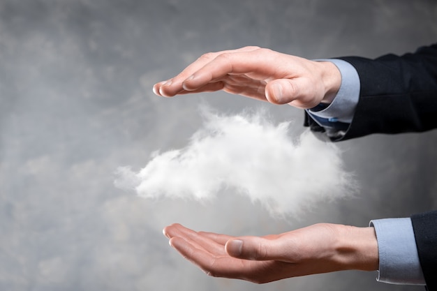 Photo business woman holding icon cloud computing network and icon connection