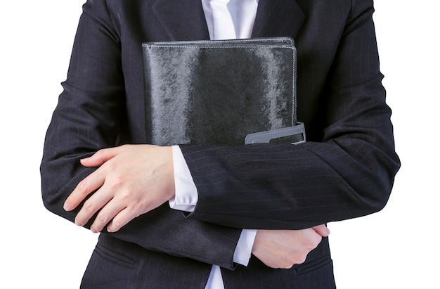 Business woman holding notebook isolated on white background