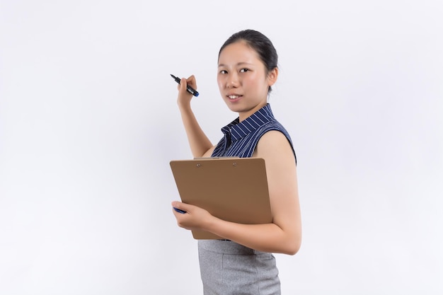 Business woman holding reports and looking at camera Copy space