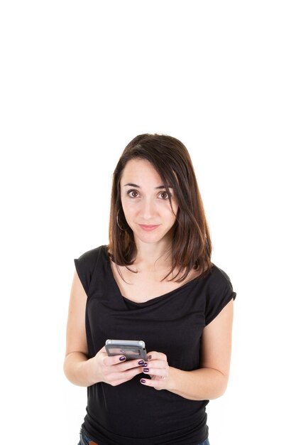 Business woman holding smartphone on white background with up copy space