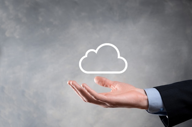 business woman holding symbol cloud computing network and icon connection data information in hand. cloud computing and technology concept.