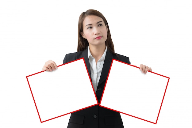 Business woman holding two banner isolated 