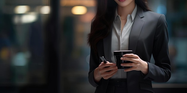 a business woman holds a smart phone in her hand in the style of blurry details