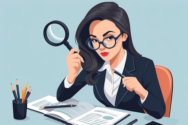 Business woman illustration A woman is making observations with a magnifying glass