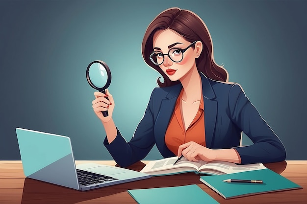 Business woman illustration A woman is making observations with a magnifying glass