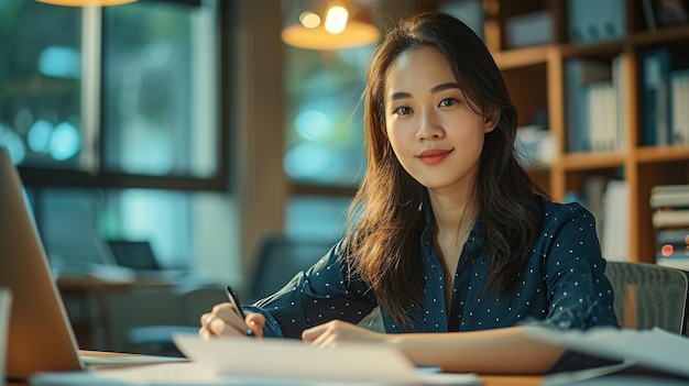 business woman is sitting at the desk