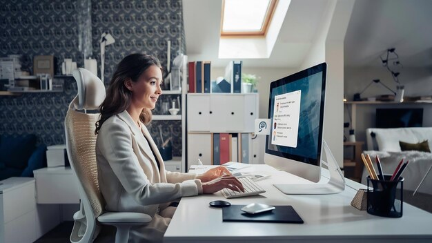 Photo a business woman is working online and traing to reply customer at home office packaging on wall