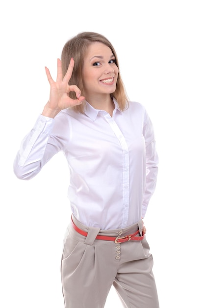白で隔離されるビジネスの女性