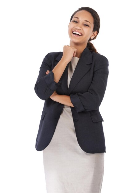 business woman laugh and success portrait of a employee with smile happy with white background isolated happiness laughing and black woman worker excited about corporate law work with mockup