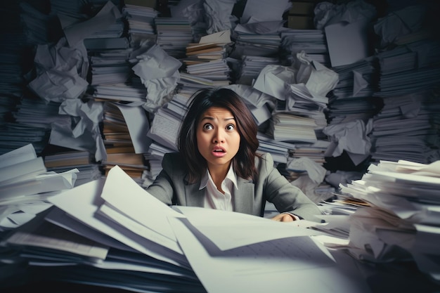 Business woman looking angry on top of a pile of paperwork
