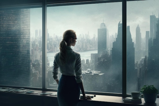 A business woman looking at the city from her office.