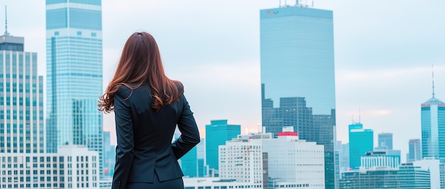 Business woman looks at the city of skyscrapers from the office view from the back