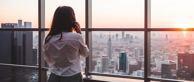 Business woman looks at the city of skyscrapers from the office view from the back