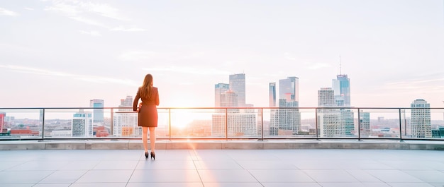 Business woman looks at the city of skyscrapers from the office view from the back