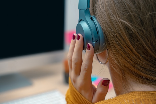 Business woman near computer on her office Morning at a creative studio Graphic design mock up