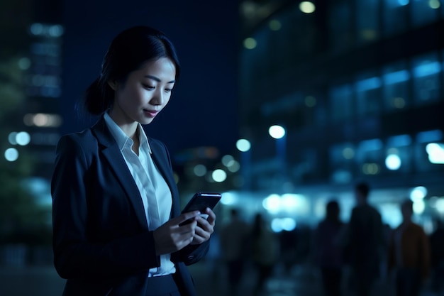 A business woman at night using phone at night city with Generative AI