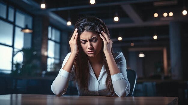 business woman in the office has a headache