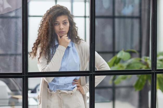 Business woman in the office outside the window