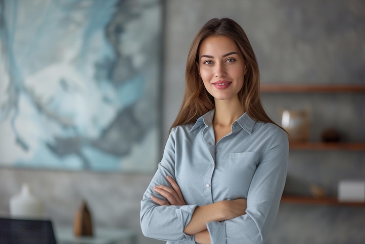 Photo business woman in office with arms crossed