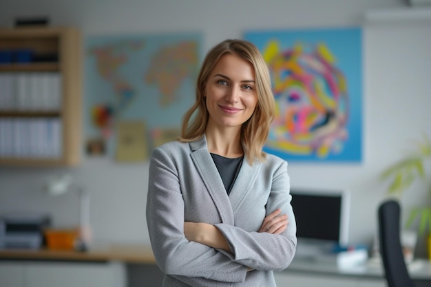 business woman in office with arms crossed