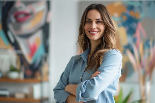 business woman in office with arms crossed