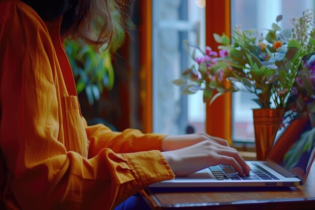 Деловая женщина в оранжевой рубашке, использующая ноутбук и сидящая за столом в офисе
