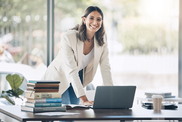 Business woman portrait or laptop in management strategy review planning leadership schedule or timeline mock up Smile happy or employee on technology for startup calendar agenda or growth goals