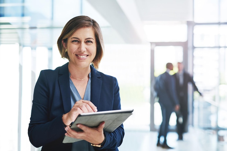 Photo business woman portrait and tablet for communication reading email and networking in office financial advisor lady face smile and tech for economy news investment feedback and online search