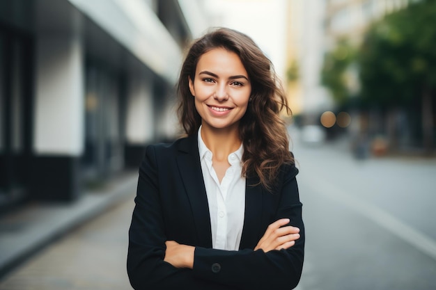 Business woman positive female entrepreneur standing outdoor on street Generative AI