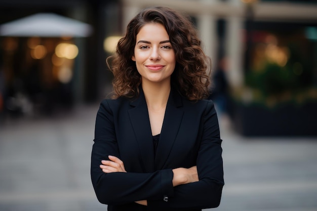 Business woman positive female entrepreneur standing outdoor on street Generative AI