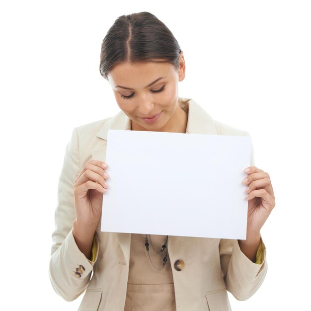 Photo business woman poster and billboard in advertising or marketing on a white studio background young female person or employee with empty sign or blank paper for message notification or mockup space