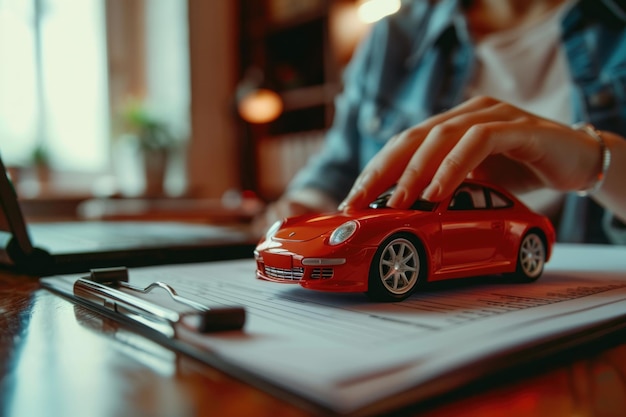 Business woman protecting toy car managing transportation finance costs