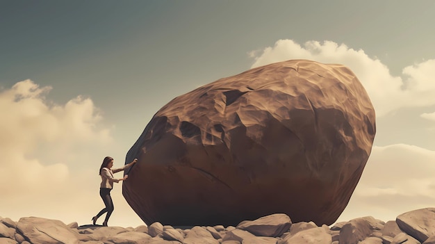 Photo business woman pushing large stone uphill