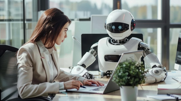 business woman and robot working at office desk
