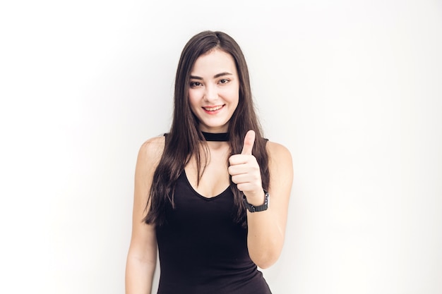 Business woman show thumb up on  white background