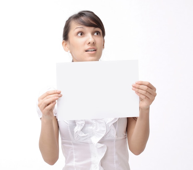 business woman showing poster with the word help.