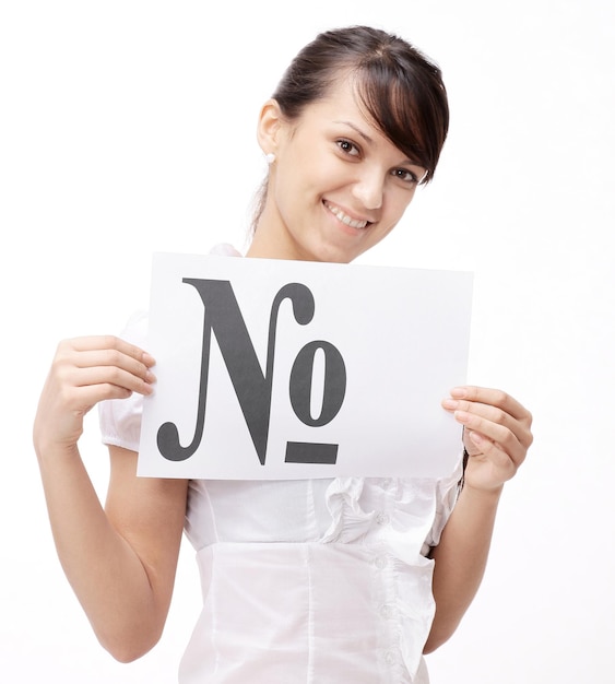 Business woman showing poster with the word number