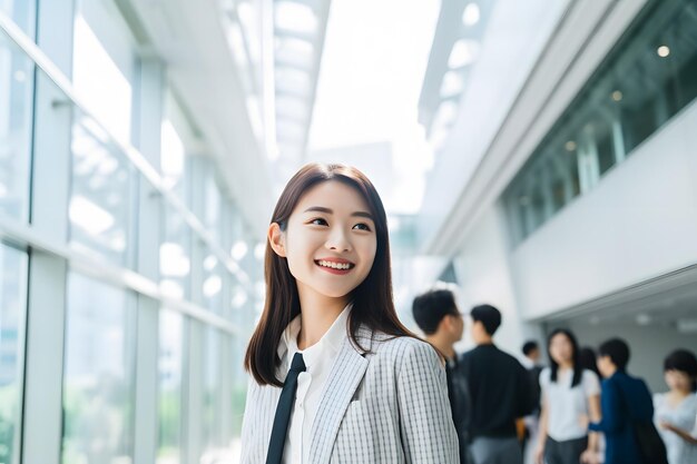 Business woman smile business building background