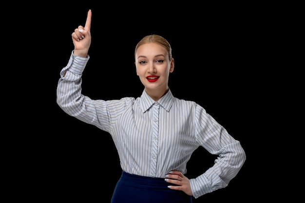 Business woman smiling cute girl pointing up with red lipstick in office costume